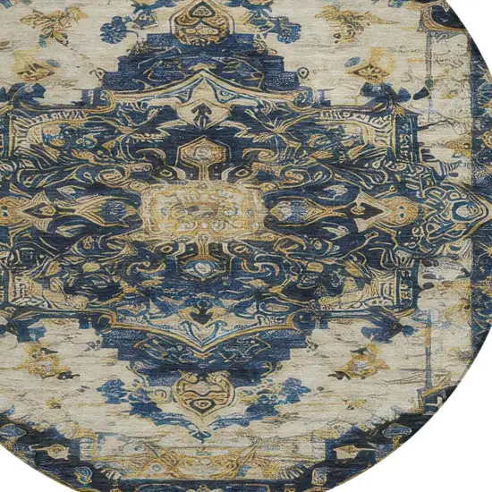 8' Navy Blue And Blue Round Floral Medallion Washable Indoor Outdoor Area Rug Photo 6