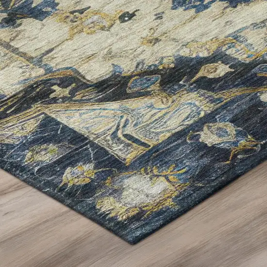 8' Navy Blue And Blue Round Floral Medallion Washable Indoor Outdoor Area Rug Photo 4