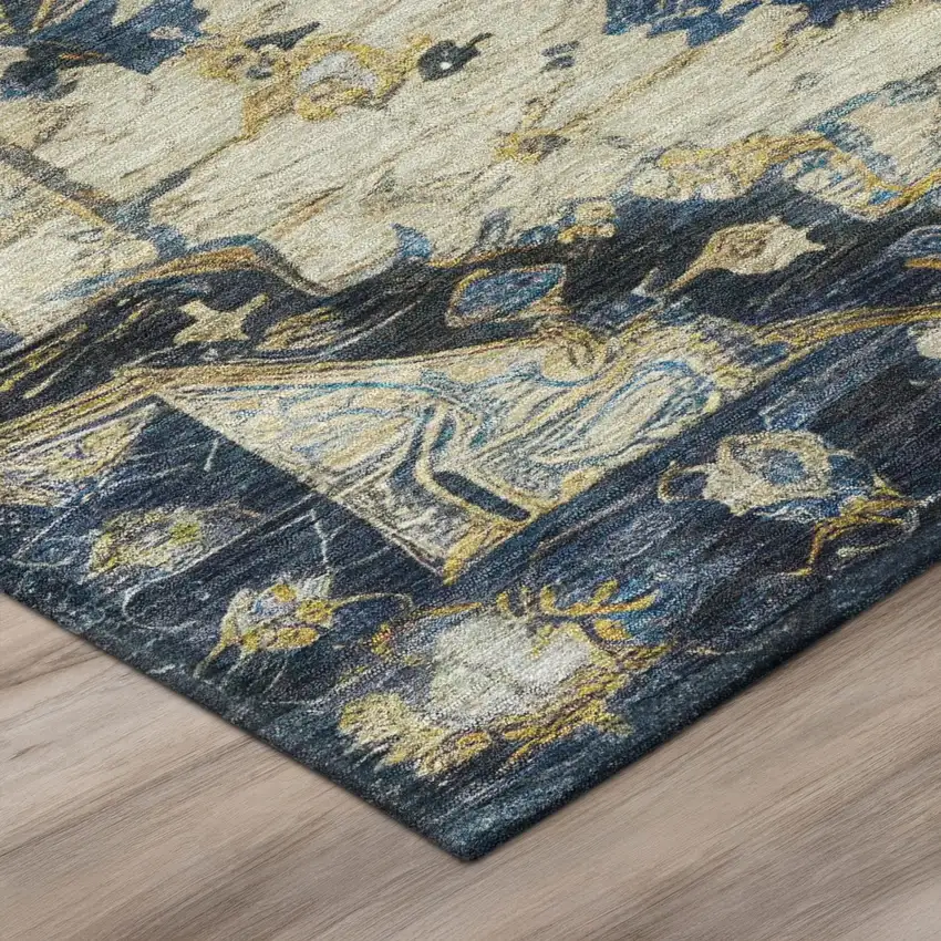 8' Navy Blue And Blue Round Floral Medallion Washable Indoor Outdoor Area Rug Photo 4
