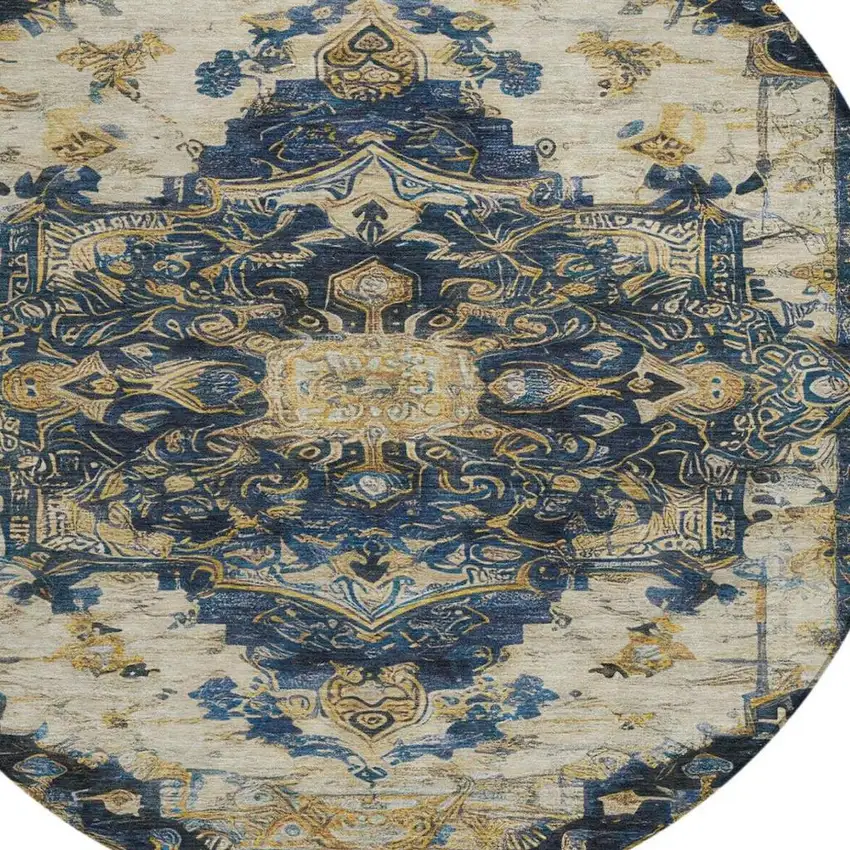 8' Navy Blue And Blue Round Floral Medallion Washable Indoor Outdoor Area Rug Photo 8