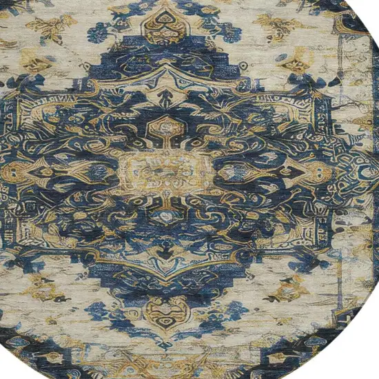 8' Navy Blue And Blue Round Floral Medallion Washable Indoor Outdoor Area Rug Photo 8