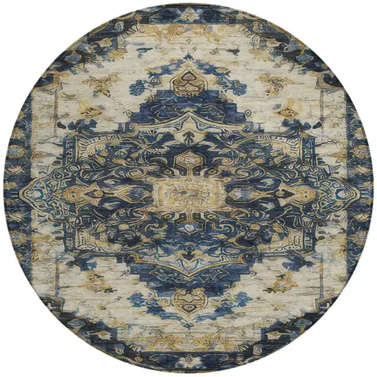 8' Navy Blue And Blue Round Floral Medallion Washable Indoor Outdoor Area Rug Photo 9