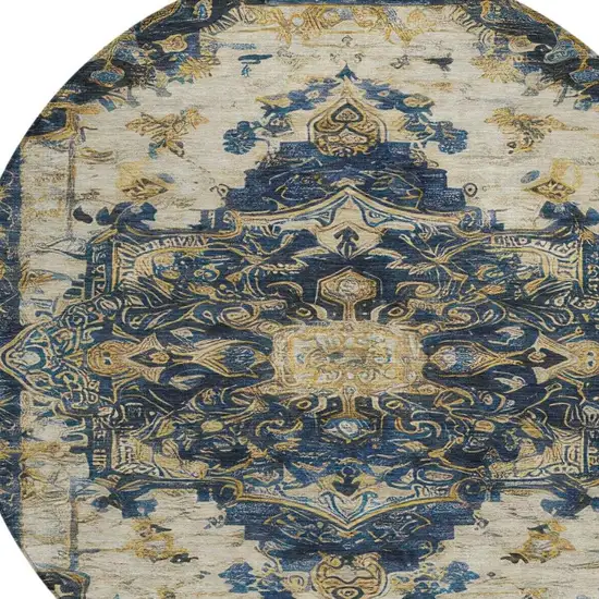 8' Navy Blue And Blue Round Floral Medallion Washable Indoor Outdoor Area Rug Photo 5