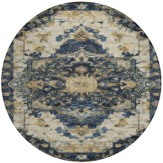8' Navy Blue And Blue Round Floral Medallion Washable Indoor Outdoor Area Rug Photo 3