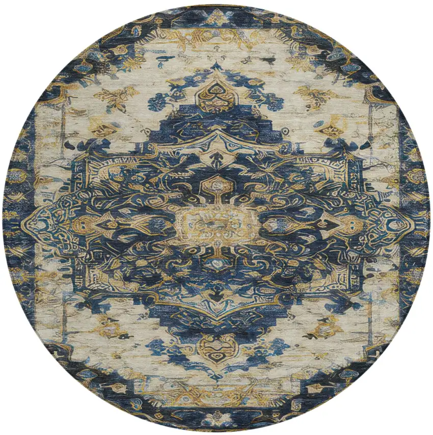 8' Navy Blue And Blue Round Floral Medallion Washable Indoor Outdoor Area Rug Photo 3