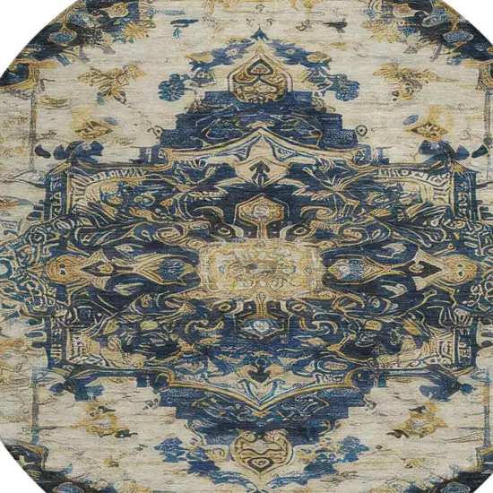 8' Navy Blue And Blue Round Floral Medallion Washable Indoor Outdoor Area Rug Photo 7
