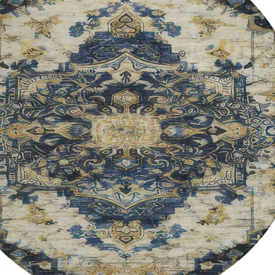 8' Navy Blue And Blue Round Floral Medallion Washable Indoor Outdoor Area Rug Photo 1