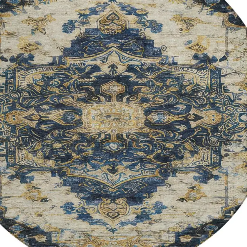 8' Navy Blue And Blue Round Floral Medallion Washable Indoor Outdoor Area Rug Photo 1