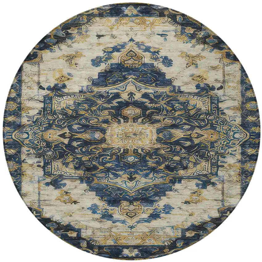 8' Navy Blue And Blue Round Floral Medallion Washable Indoor Outdoor Area Rug Photo 2
