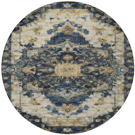 8' Navy Blue And Blue Round Floral Medallion Washable Indoor Outdoor Area Rug Photo 2