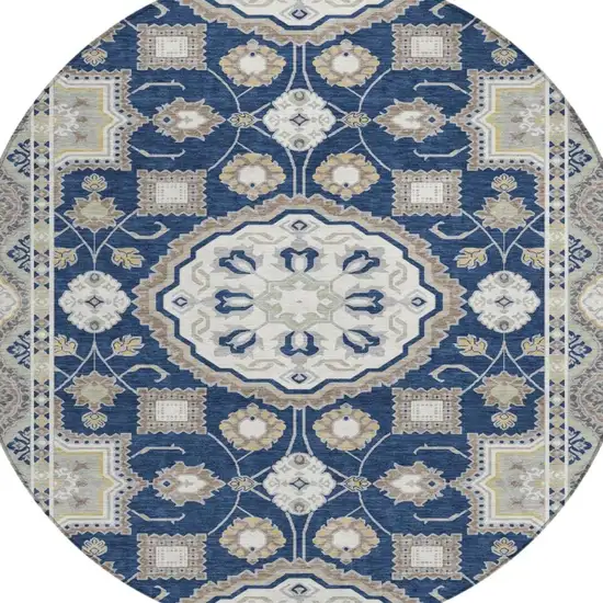 8' Navy Blue And Blue Round Floral Medallion Washable Indoor Outdoor Area Rug Photo 3