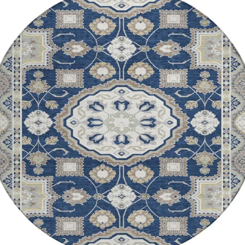 8' Navy Blue And Blue Round Floral Medallion Washable Indoor Outdoor Area Rug Photo 3