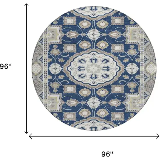 8' Navy Blue And Blue Round Floral Medallion Washable Indoor Outdoor Area Rug Photo 6
