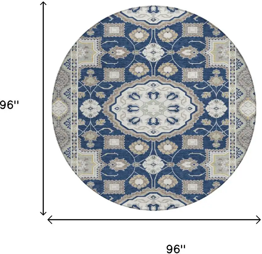 8' Navy Blue And Blue Round Floral Medallion Washable Indoor Outdoor Area Rug Photo 6