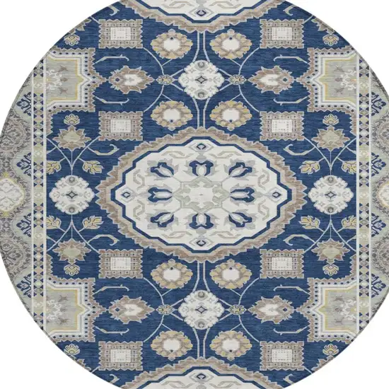 8' Navy Blue And Blue Round Floral Medallion Washable Indoor Outdoor Area Rug Photo 2