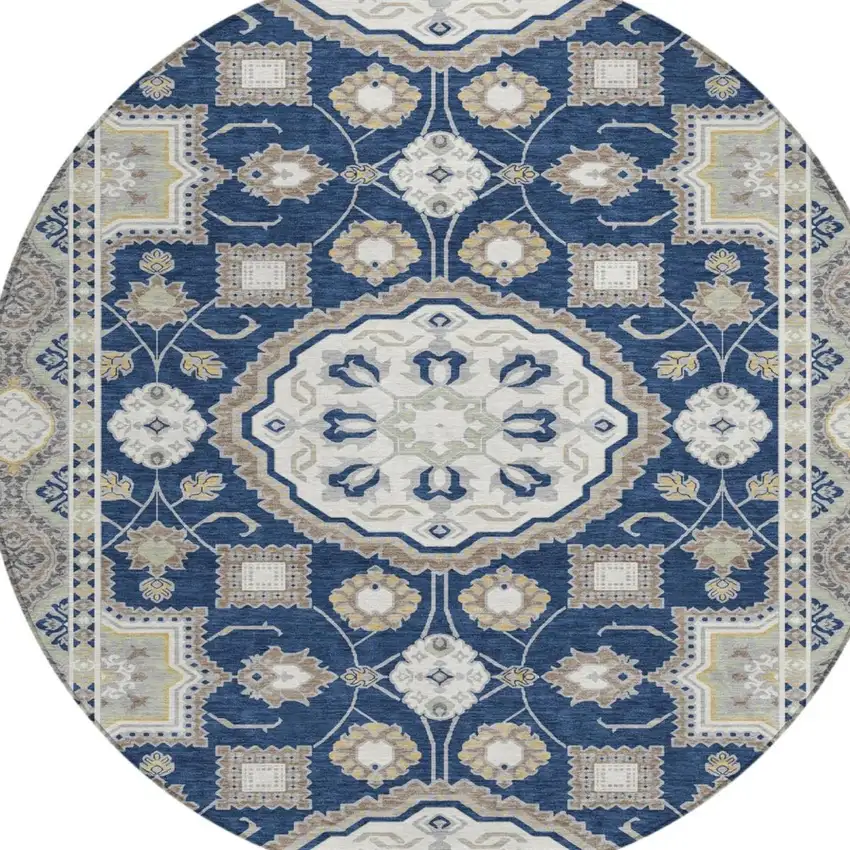 8' Navy Blue And Blue Round Floral Medallion Washable Indoor Outdoor Area Rug Photo 2
