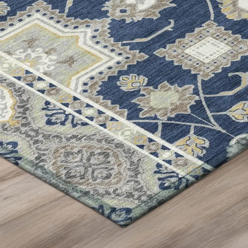 8' Navy Blue And Blue Round Floral Medallion Washable Indoor Outdoor Area Rug Photo 4