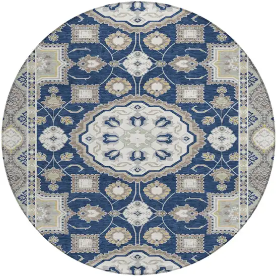8' Navy Blue And Blue Round Floral Medallion Washable Indoor Outdoor Area Rug Photo 1