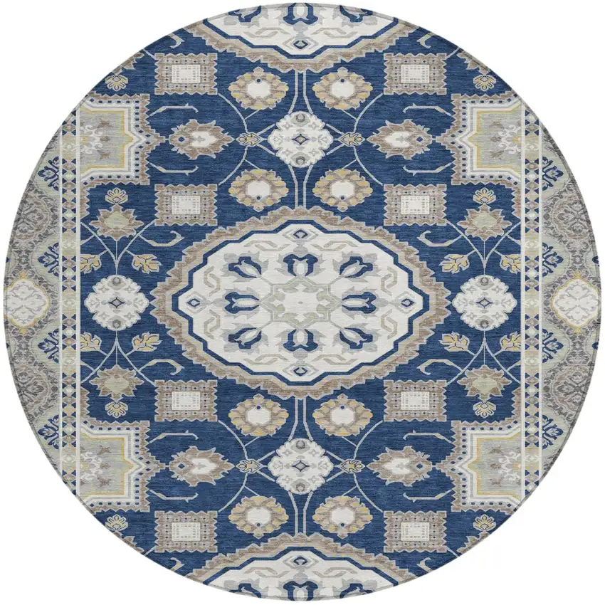 8' Navy Blue And Blue Round Floral Medallion Washable Indoor Outdoor Area Rug Photo 1