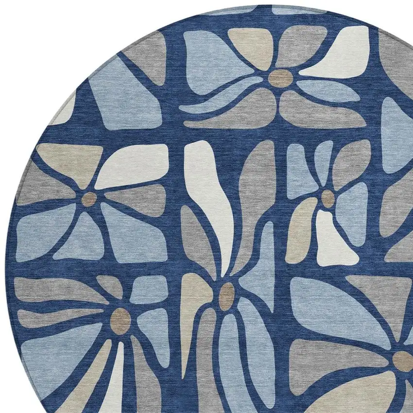 8' Navy Blue And Blue Round Floral Washable Indoor Outdoor Area Rug Photo 2