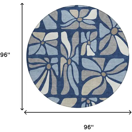 8' Navy Blue And Blue Round Floral Washable Indoor Outdoor Area Rug Photo 6