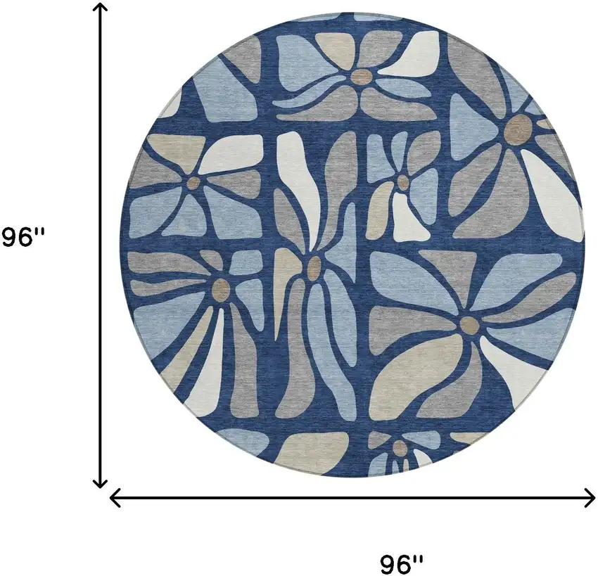 8' Navy Blue And Blue Round Floral Washable Indoor Outdoor Area Rug Photo 6