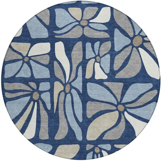8' Navy Blue And Blue Round Floral Washable Indoor Outdoor Area Rug Photo 1