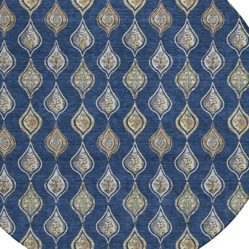 8' Navy Blue And Blue Round Floral Washable Indoor Outdoor Area Rug Photo 2
