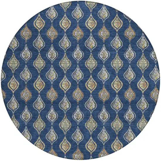 8' Navy Blue And Blue Round Floral Washable Indoor Outdoor Area Rug Photo 1