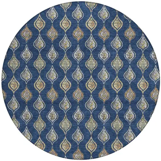 8' Navy Blue And Blue Round Floral Washable Indoor Outdoor Area Rug Photo 3