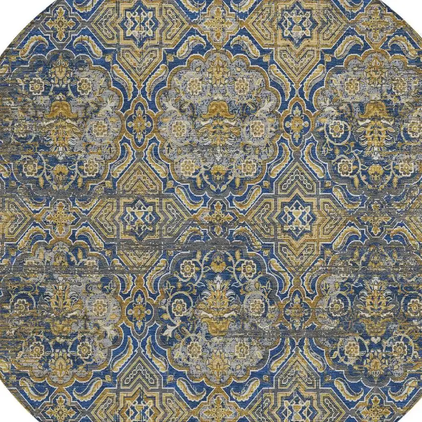 8' Navy Blue And Blue Round Floral Washable Indoor Outdoor Area Rug Photo 3