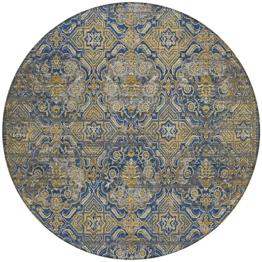 8' Navy Blue And Blue Round Floral Washable Indoor Outdoor Area Rug Photo 4