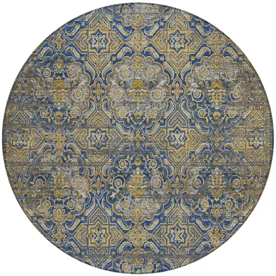 8' Navy Blue And Blue Round Floral Washable Indoor Outdoor Area Rug Photo 2