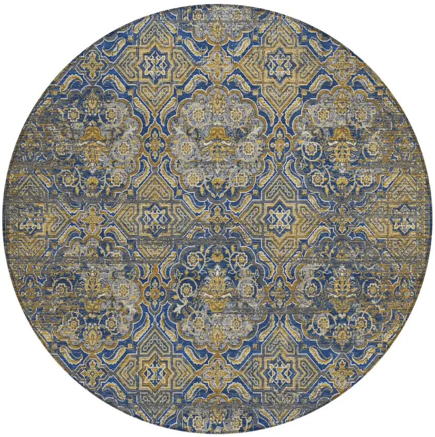 8' Navy Blue And Blue Round Floral Washable Indoor Outdoor Area Rug Photo 2