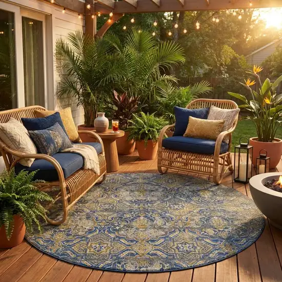 8' Navy Blue And Blue Round Floral Washable Indoor Outdoor Area Rug Photo 1
