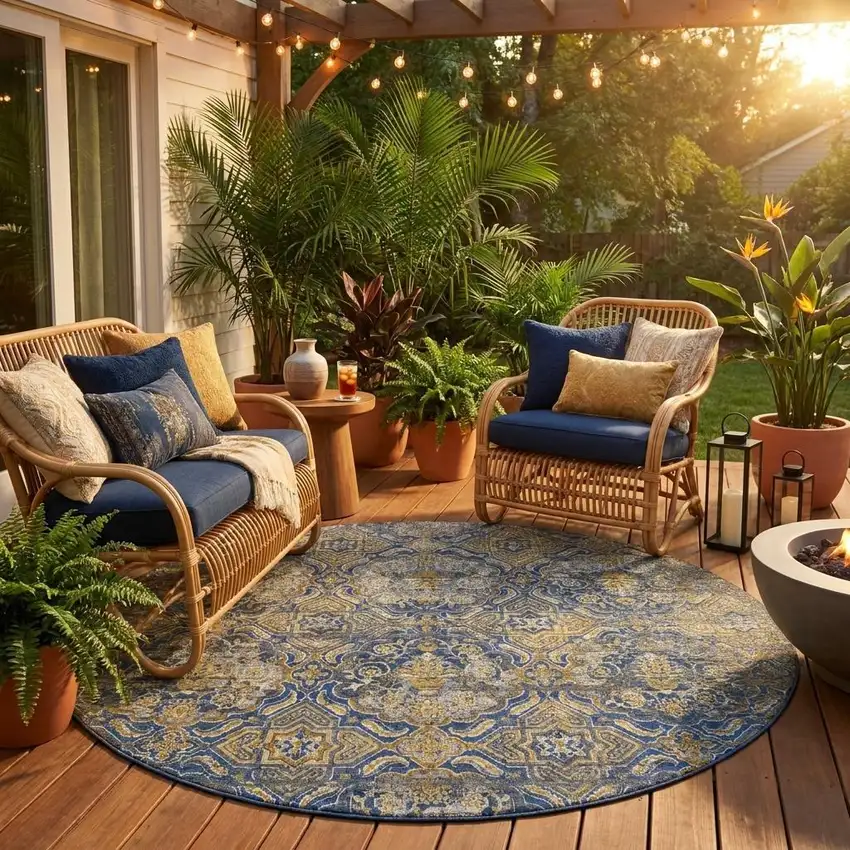 8' Navy Blue And Blue Round Floral Washable Indoor Outdoor Area Rug Photo 1