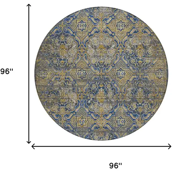 8' Navy Blue And Blue Round Floral Washable Indoor Outdoor Area Rug Photo 7