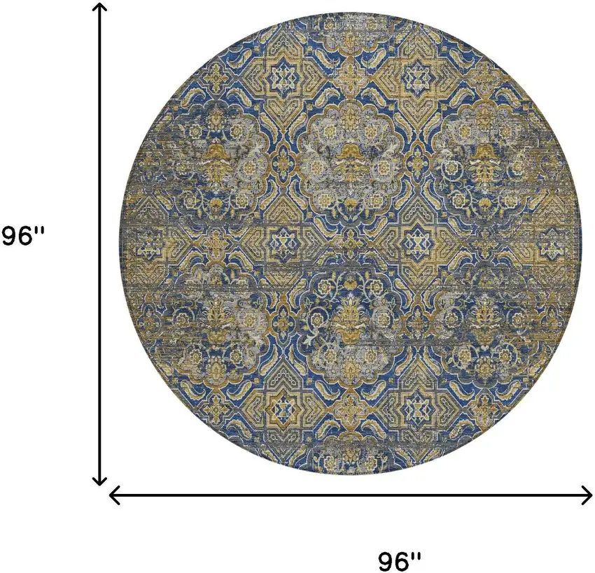 8' Navy Blue And Blue Round Floral Washable Indoor Outdoor Area Rug Photo 7