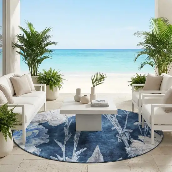 8' Navy Blue And Blue Round Floral Washable Indoor Outdoor Area Rug Photo 1