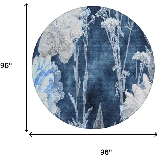 8' Navy Blue And Blue Round Floral Washable Indoor Outdoor Area Rug Photo 5