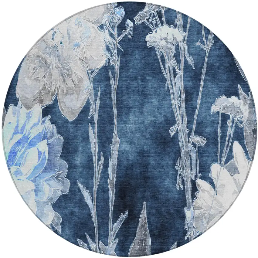 8' Navy Blue And Blue Round Floral Washable Indoor Outdoor Area Rug Photo 2