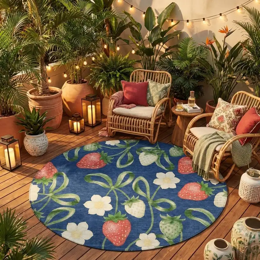 8' Navy Blue And Blue Round Floral Washable Indoor Outdoor Area Rug Photo 1
