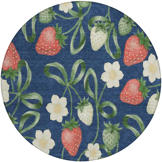 8' Navy Blue And Blue Round Floral Washable Indoor Outdoor Area Rug Photo 2
