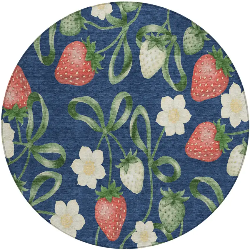 8' Navy Blue And Blue Round Floral Washable Indoor Outdoor Area Rug Photo 2