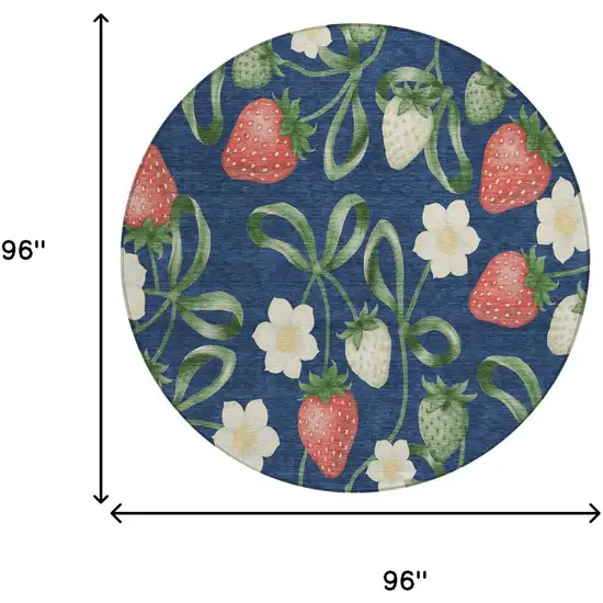 8' Navy Blue And Blue Round Floral Washable Indoor Outdoor Area Rug Photo 5