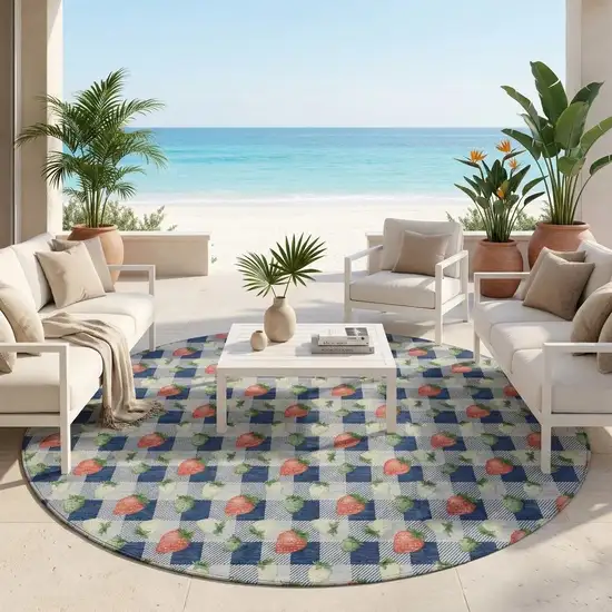 8' Navy Blue And Blue Round Floral Washable Indoor Outdoor Area Rug Photo 1
