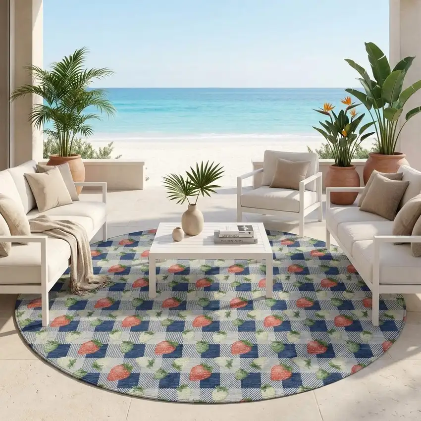8' Navy Blue And Blue Round Floral Washable Indoor Outdoor Area Rug Photo 1