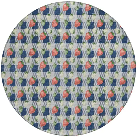 8' Navy Blue And Blue Round Floral Washable Indoor Outdoor Area Rug Photo 2