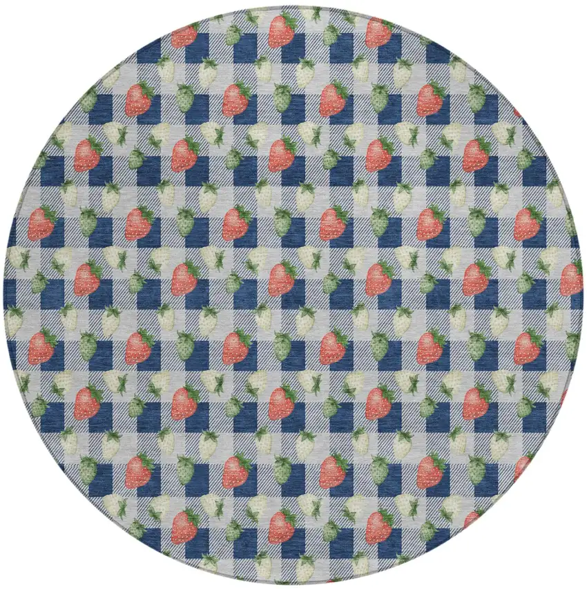 8' Navy Blue And Blue Round Floral Washable Indoor Outdoor Area Rug Photo 2