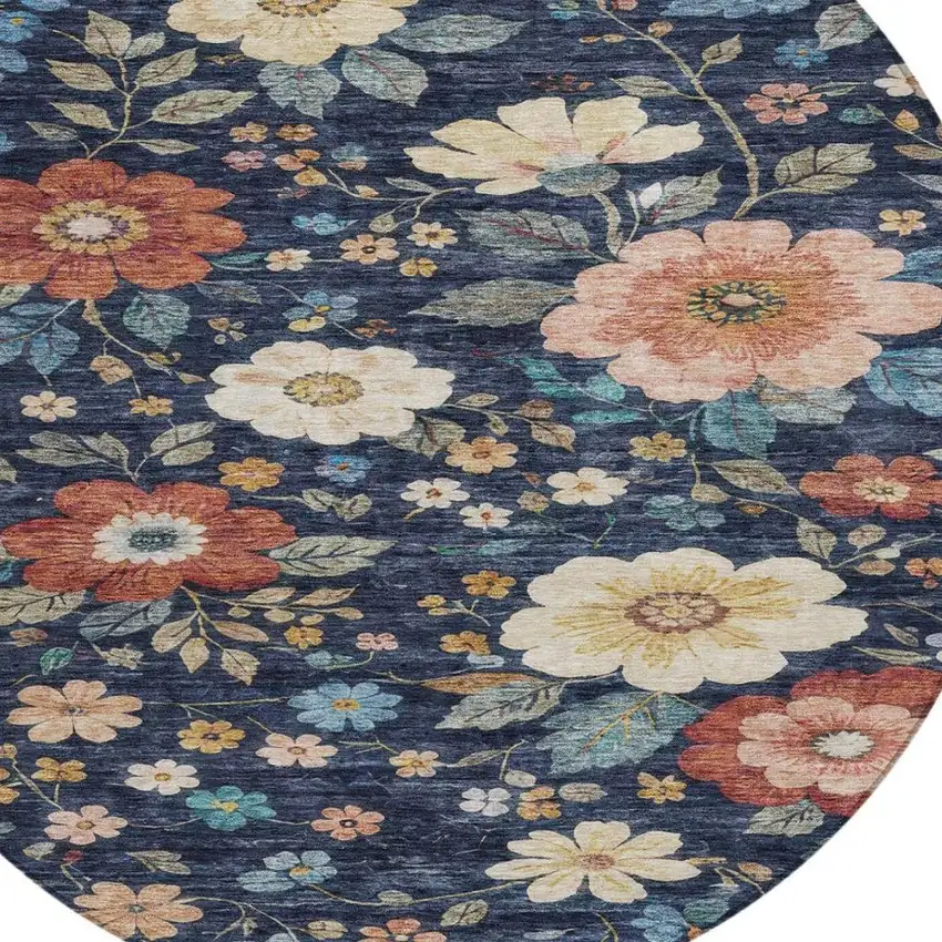 8' Navy Blue And Blue Round Floral Washable Indoor Outdoor Area Rug Photo 1